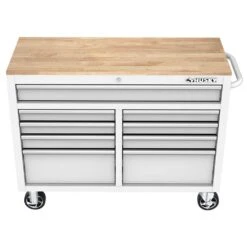 Husky Tool Storage 46 In. W X 18 In. D 9-Drawer Gloss White Mobile Workbench Cabinet -Husky Shop gloss white husky mobile workbenches h46x18mwc9wht fa 1000
