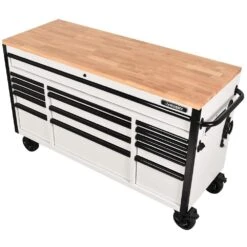 Husky Tool Storage 61 In. W X 23 In. D Heavy Duty White Mobile Workbench Tool Chest -Husky Shop gloss white with black trim husky mobile workbenches h61mwc15gwhd 1f 1000