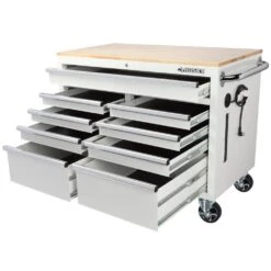Husky 46 In. W X 25 In. D Standard Duty 9-Drawer Mobile Workbench Cabinet With Solid Wood Top In Gloss White -Husky Shop gloss white with silver trim husky mobile workbenches h46mwc9gwv2 1f 1000