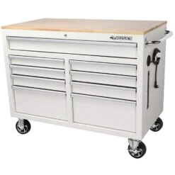 Husky 46 In. W X 25 In. D Standard Duty 9-Drawer Mobile Workbench Cabinet With Solid Wood Top In Gloss White