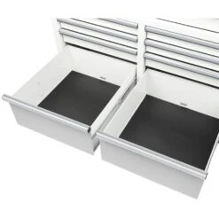 Husky 46 In. W X 25 In. D Standard Duty 9-Drawer Mobile Workbench Cabinet With Solid Wood Top In Gloss White -Husky Shop gloss white with silver trim husky mobile workbenches h46mwc9gwv2 c3 1000