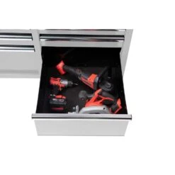 Husky 46 In. W X 25 In. D Standard Duty 9-Drawer Mobile Workbench Cabinet With Solid Wood Top In Gloss White -Husky Shop gloss white with silver trim husky mobile workbenches h46mwc9gwv2 fa 1000