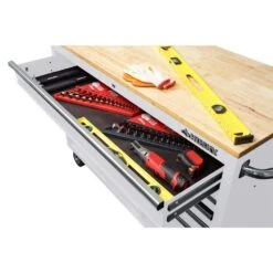 Husky 52 In. W X 25 In. D Standard Duty 9-Drawer Mobile Workbench Tool Chest With Solid Wood Top In Gloss White -Husky Shop gloss white with silver trim husky mobile workbenches hotc5209bj1m 1d 1000