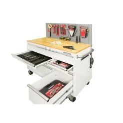 Husky 52 In. W X 24.5 In. D 9-Drawer Standard Duty Mobile Workbench Tool Chest With Solid Work Top And Pegboard In Gloss White -Husky Shop gloss white with silver trim husky mobile workbenches hotc5209bj2m 77 1000
