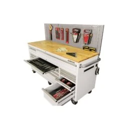 Husky 72 In. W X 24 In. D 18-Drawer Standard Duty Mobile Workbench Tool Chest With Solid Wood Top And Pegboard In Gloss White -Husky Shop gloss white with silver trim husky mobile workbenches hotc7218bj2m 4f 1000