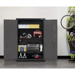 Husky Regular Duty 46 In. W X 72 In. H X 24 In. D 4-Shelf 22-Gauge Steel Freestanding Garage Storage Cabinet In Black And Gray -Husky Shop gray black husky free standing cabinets kf3f462472 h9 31 1000