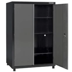 Husky Regular Duty 46 In. W X 72 In. H X 24 In. D 4-Shelf 22-Gauge Steel Freestanding Garage Storage Cabinet In Black And Gray -Husky Shop gray black husky free standing cabinets kf3f462472 h9 40 1000