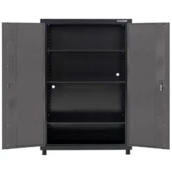 Husky Regular Duty 46 In. W X 72 In. H X 24 In. D 4-Shelf 22-Gauge Steel Freestanding Garage Storage Cabinet In Black And Gray -Husky Shop gray black husky free standing cabinets kf3f462472 h9 77 1000