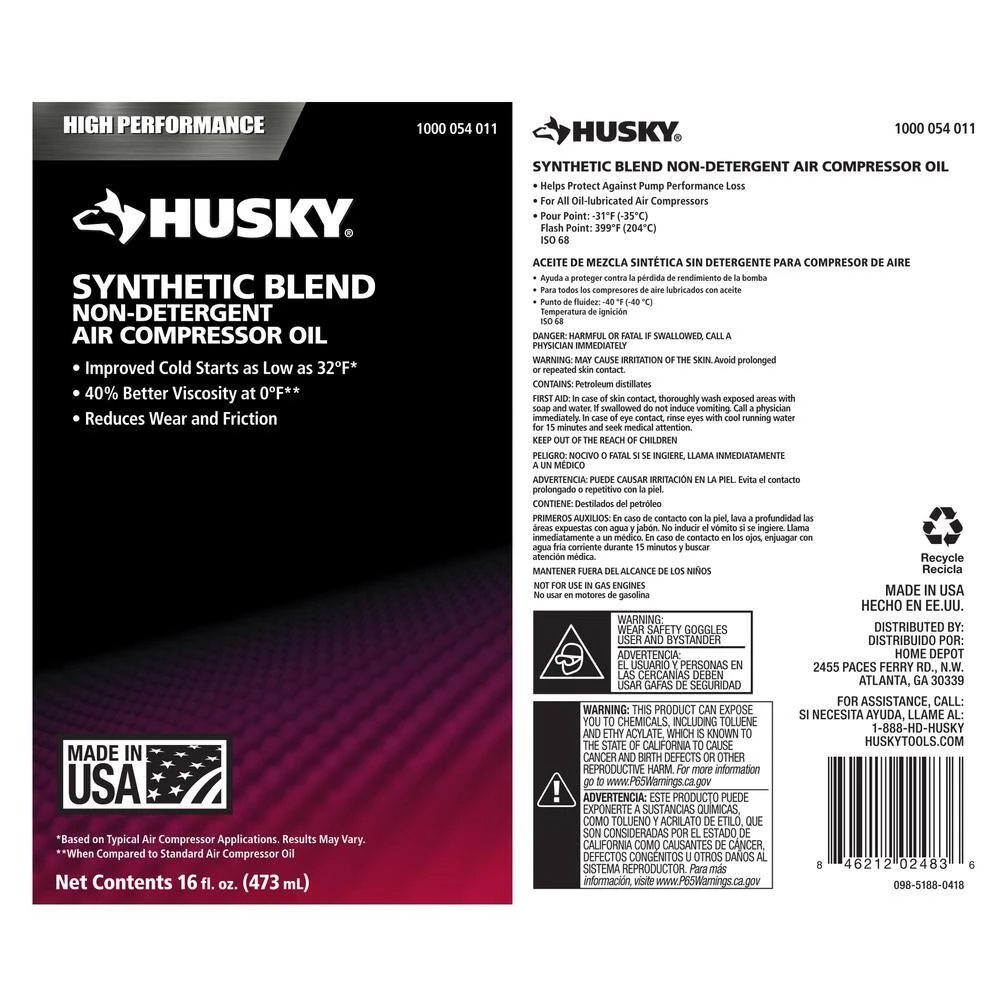 Husky Synthetic Blend Non-Detergent Oil Air Compressor 3 Husky Synthetic Blend Non-Detergent Oil Air Compressor - Image 3