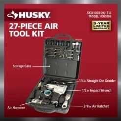 Husky 4-Pc Air Tool Kit With 1/2 In. Impact, 3/8 In. Ratchet, Die Grinder, Hammer, Sockets, Chisels, Grinding Stones -27 Pcs 6 Husky 4-Pc Air Tool Kit With 1/2 In. Impact, 3/8 In. Ratchet, Die Grinder, Hammer, Sockets, Chisels, Grinding Stones -27 Pcs -Husky Shop husky air tool kits hdk1008 40 1000 1