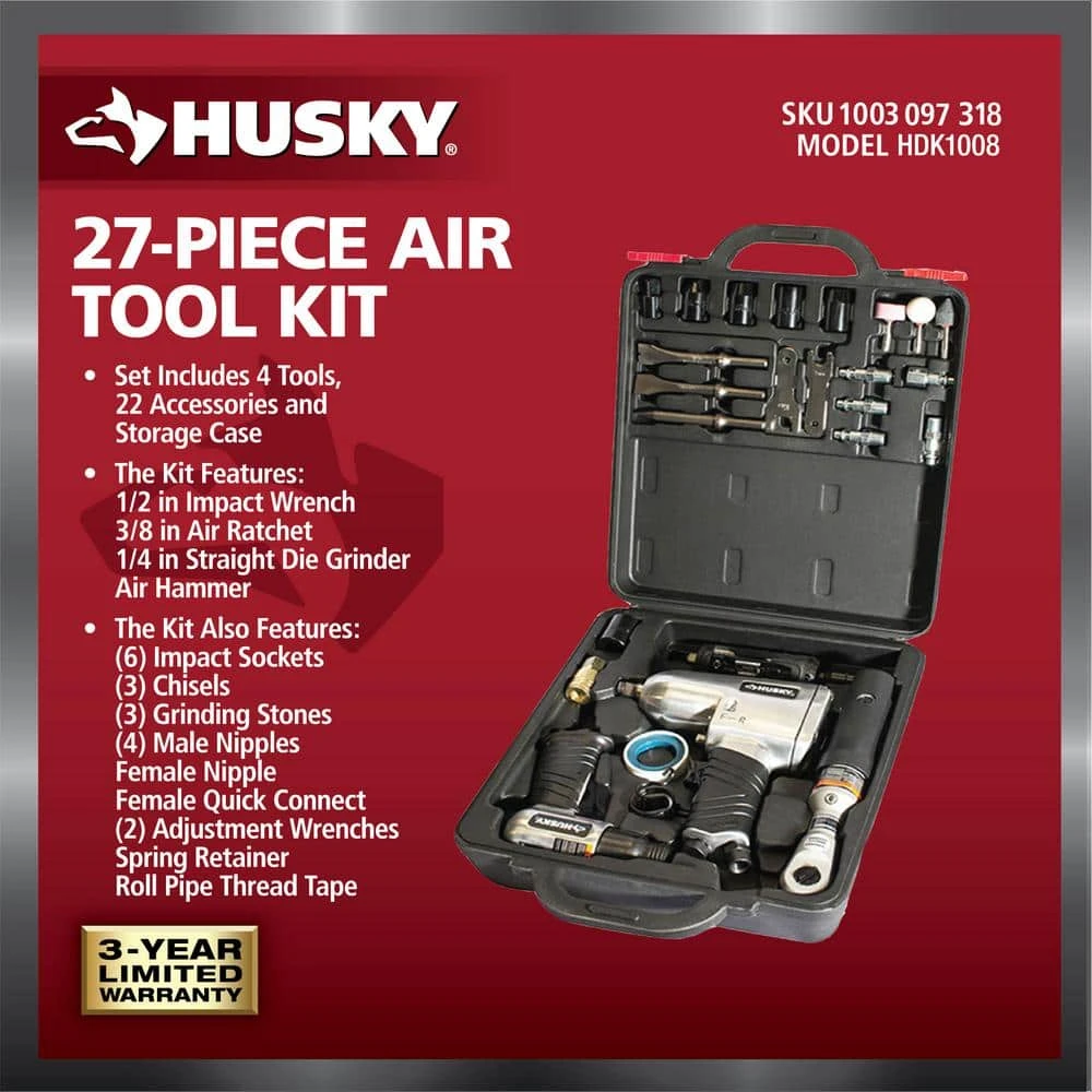Husky 4-Pc Air Tool Kit With 1/2 In. Impact, 3/8 In. Ratchet, Die Grinder, Hammer, Sockets, Chisels, Grinding Stones -27 Pcs 2 Husky 4-Pc Air Tool Kit With 1/2 In. Impact, 3/8 In. Ratchet, Die Grinder, Hammer, Sockets, Chisels, Grinding Stones -27 Pcs - Image 2