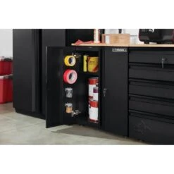 Husky Pro Duty Welded 20-Gauge Steel 2-Door Garage Base Cabinet In Black LINE-X (28 In. W X 33 In. H X 21.5 In. D) -Husky Shop husky black linex husky free standing cabinets htc1000001 lx 77 1000