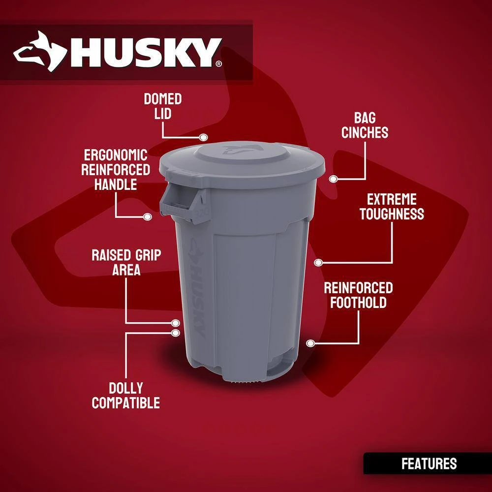 Husky 32 Gal. Grey Heavy Duty Commercial Outdoor Trash Can With Domed Lid 2 Husky 32 Gal. Grey Heavy Duty Commercial Outdoor Trash Can With Domed Lid - Image 2