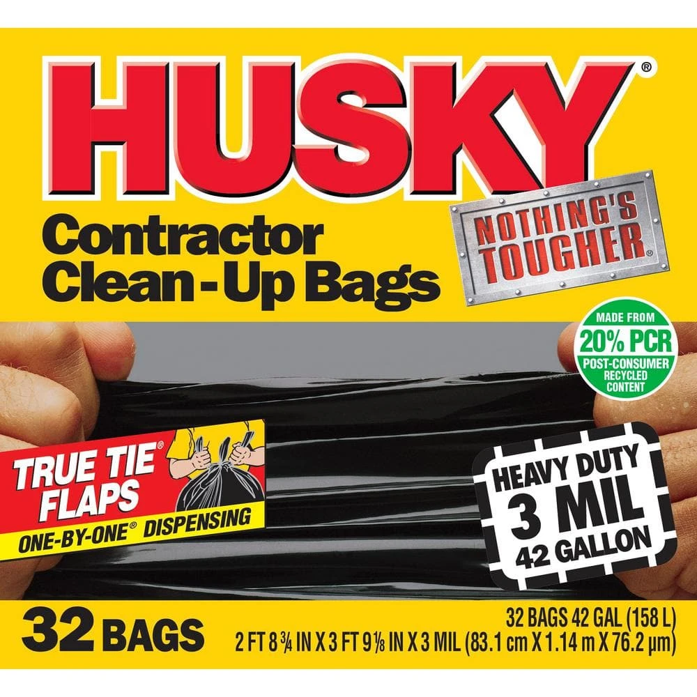 Husky 42 Gal. Heavy-Duty Contractor Clean-Up Bags With 20% PCR (32-Count) 1 Husky 42 Gal. Heavy-Duty Contractor Clean-Up Bags With 20% PCR (32-Count)