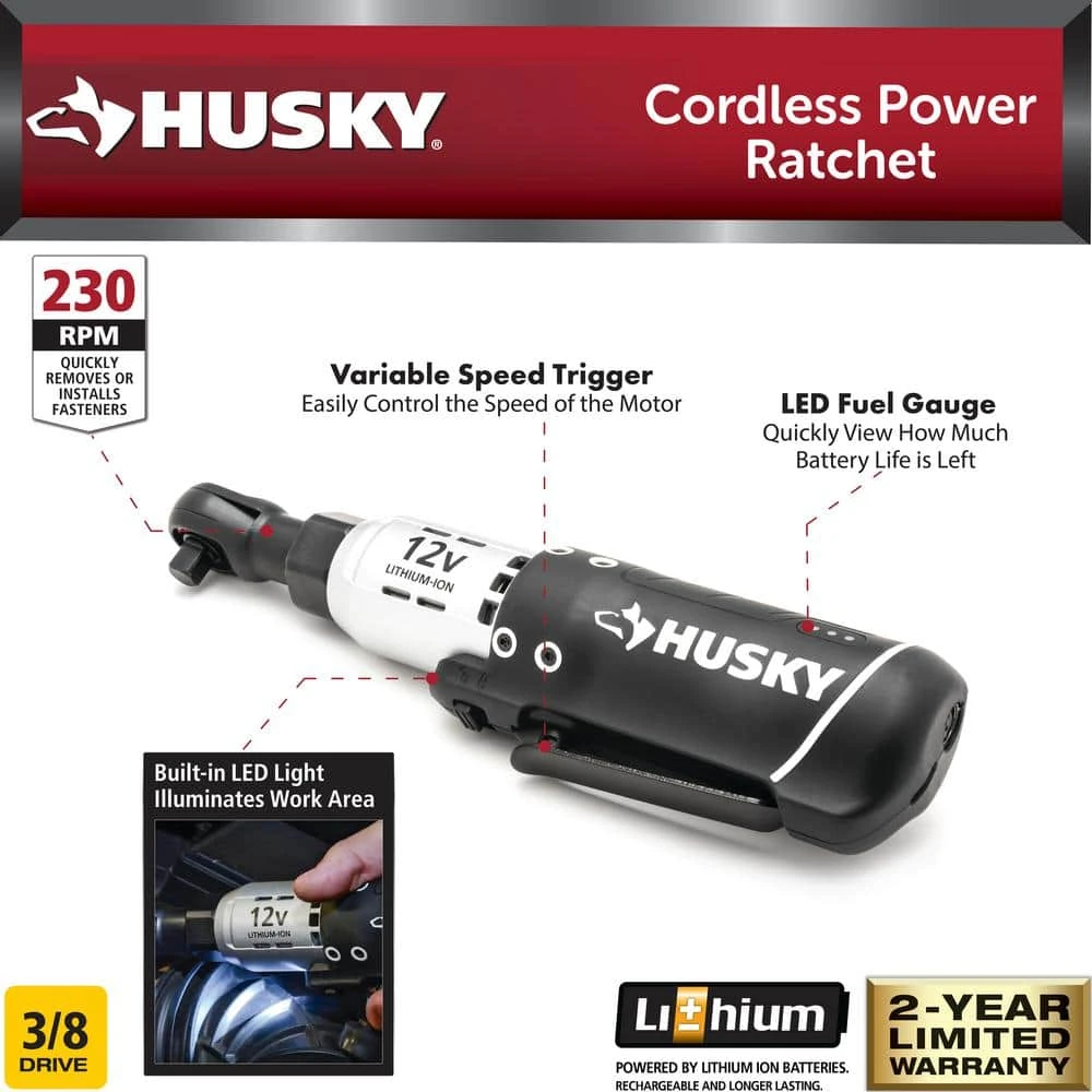 Husky 3/8 In. Drive 12-Volt Lithium-Ion Cordless Ratchet 2 Husky 3/8 In. Drive 12-Volt Lithium-Ion Cordless Ratchet - Image 2