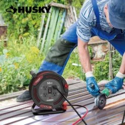 Husky 50 Ft. 14/3 13AMP Retractable Extension Cord Reel With 4 Grounded Outlets Black -Husky Shop husky extension cord reels em hsk 500n 31 1000