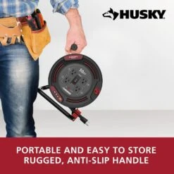 Husky 50 Ft. 14/3 13AMP Retractable Extension Cord Reel With 4 Grounded Outlets Black -Husky Shop husky extension cord reels em hsk 500n 44 1000