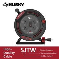 Husky 50 Ft. 14/3 13AMP Retractable Extension Cord Reel With 4 Grounded Outlets Black -Husky Shop husky extension cord reels em hsk 500n 4f 1000