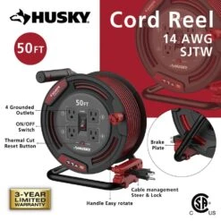 Husky 50 Ft. 14/3 13AMP Retractable Extension Cord Reel With 4 Grounded Outlets Black -Husky Shop husky extension cord reels em hsk 500n c3 1000