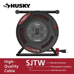 Husky 75 Ft. 12/3 13 Amp Retractable Extension Cord Reel With 4 Grounded Outlets Black -Husky Shop husky extension cord reels em hsk 750n 4f 1000