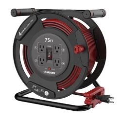 Husky 75 Ft. 12/3 13 Amp Retractable Extension Cord Reel With 4 Grounded Outlets Black