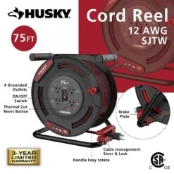 Husky 75 Ft. 12/3 13 Amp Retractable Extension Cord Reel With 4 Grounded Outlets Black -Husky Shop husky extension cord reels em hsk 750n c3 1000