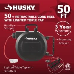 Husky 50 Ft. 14/3 Medium Duty 13-Amps Indoor Extension Cord Reel With Multiple Outlet Triple Tap End, Black -Husky Shop husky extension cord reels lts xp001 31 1000