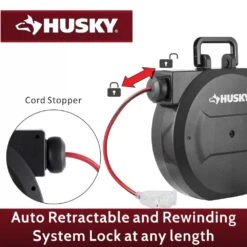 Husky 50 Ft. 14/3 Medium Duty 13-Amps Indoor Extension Cord Reel With Multiple Outlet Triple Tap End, Black -Husky Shop husky extension cord reels lts xp001 a0 1000