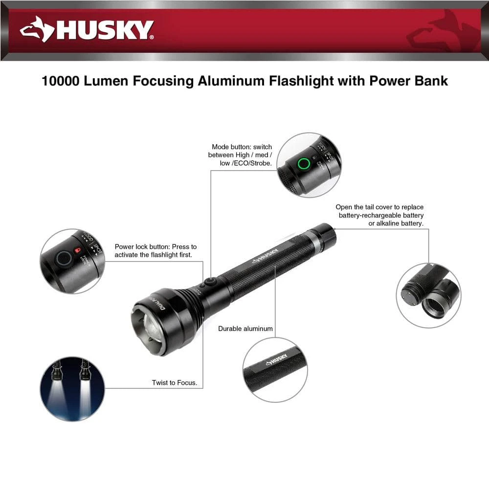 Husky 10000 Lumens Dual Power Aluminum Flashlight 7.4-Volt 4600mAh Rechargeable Replacement Battery 2 Husky 10000 Lumens Dual Power Aluminum Flashlight 7.4-Volt 4600mAh Rechargeable Replacement Battery - Image 2