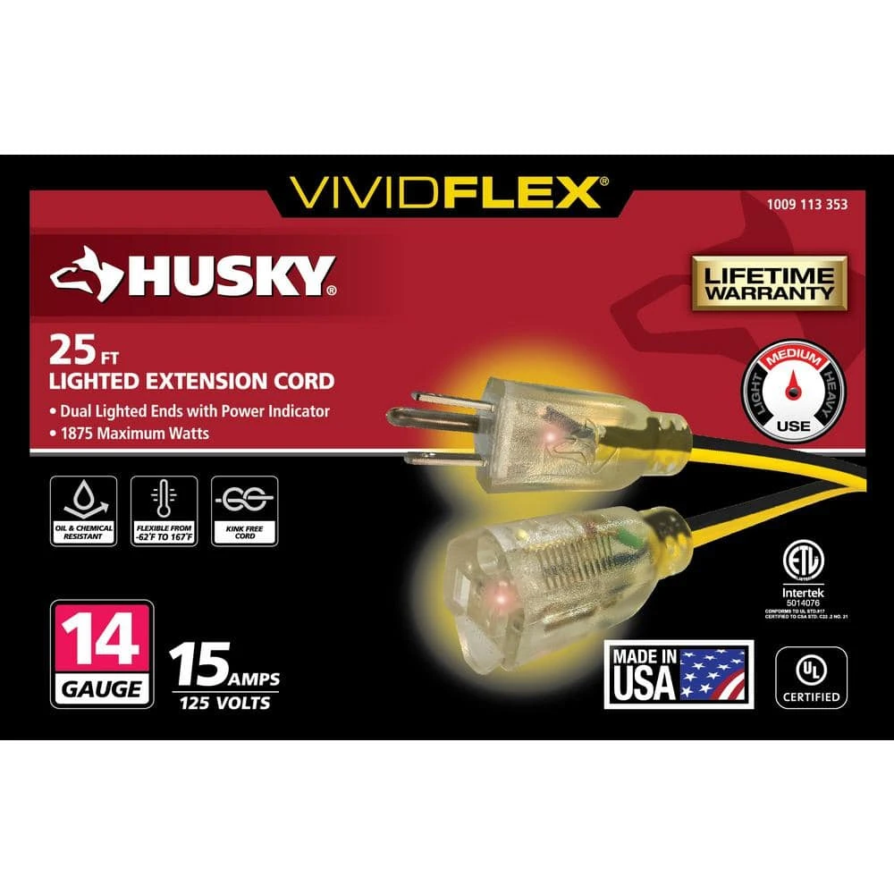 Husky VividFlex 25 Ft. 14/3 Gauge Medium Duty Indoor/Outdoor Extension Cord With Lighted End, Yellow 2 Husky VividFlex 25 Ft. 14/3 Gauge Medium Duty Indoor/Outdoor Extension Cord With Lighted End, Yellow - Image 2