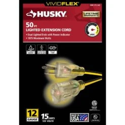 Husky VividFlex 50 Ft. 12/3 Heavy Duty Indoor/Outdoor Extension Cord With Lighted End, Yellow -Husky Shop husky general purpose cords 24050hy e1 1000