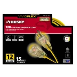 Husky VividFlex 100 Ft. 12/3 Heavy Duty Indoor/Outdoor Extension Cord With Lighted End, Yellow