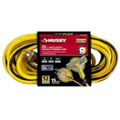 Husky VividFlex 25 Ft. 12/3 Heavy Duty Indoor/Outdoor Triple Tap Extension Cord With Lighted Ends, Yellow
