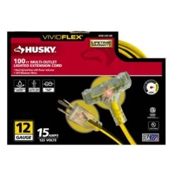 Husky VividFlex 100 Ft. 12/3 Heavy Duty Indoor/Outdoor Triple Tap Extension Cord With Lighted Ends, Yellow