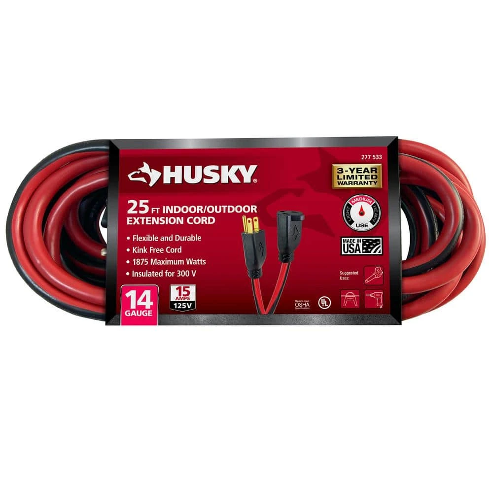 Husky 25 Ft. 14/3 Medium Duty Indoor/Outdoor Extension Cord, Red/Black 1 Husky 25 Ft. 14/3 Medium Duty Indoor/Outdoor Extension Cord, Red/Black