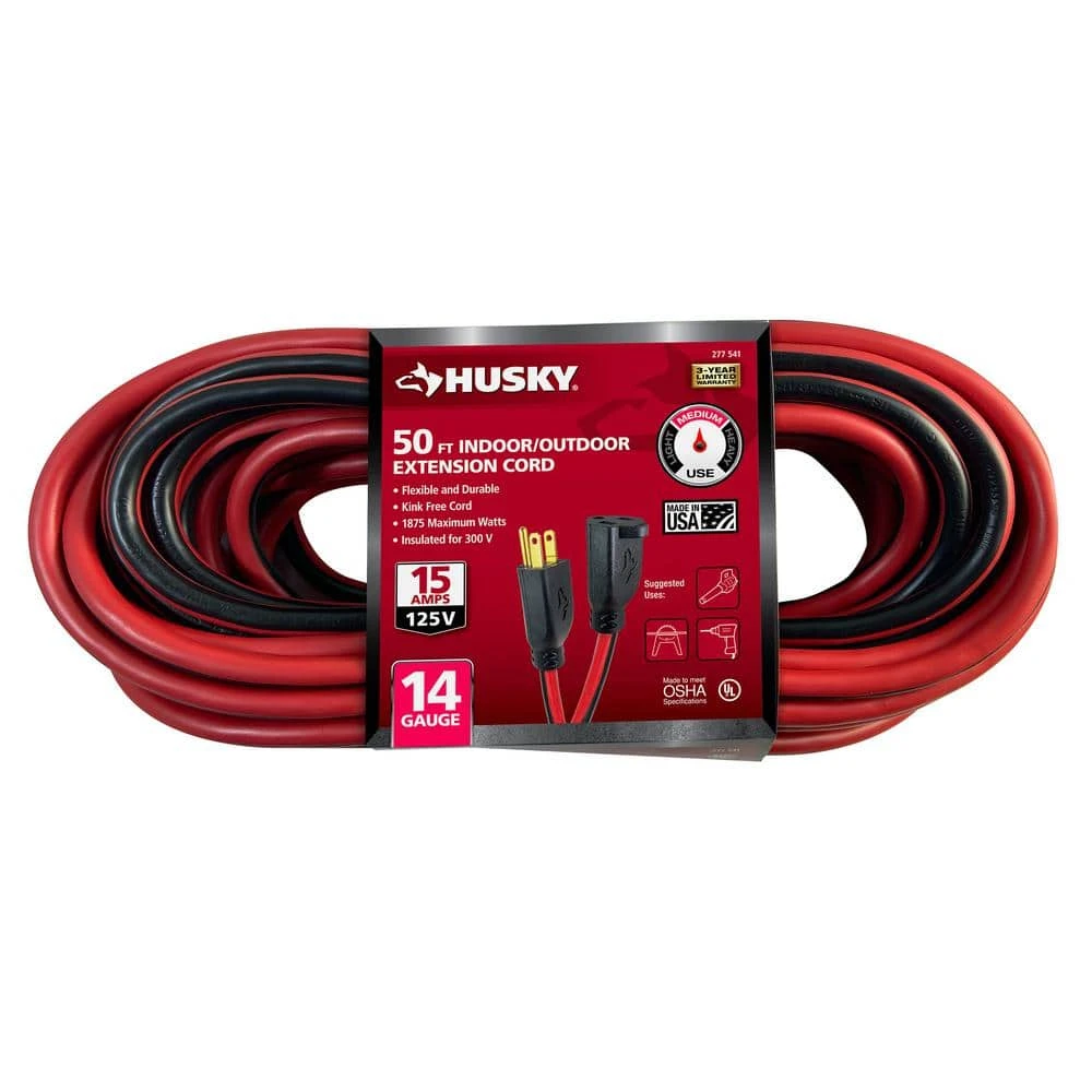 Husky 50 Ft. 14/3 Medium Duty Indoor/Outdoor Extension Cord, Red/Black 1 Husky 50 Ft. 14/3 Medium Duty Indoor/Outdoor Extension Cord, Red/Black