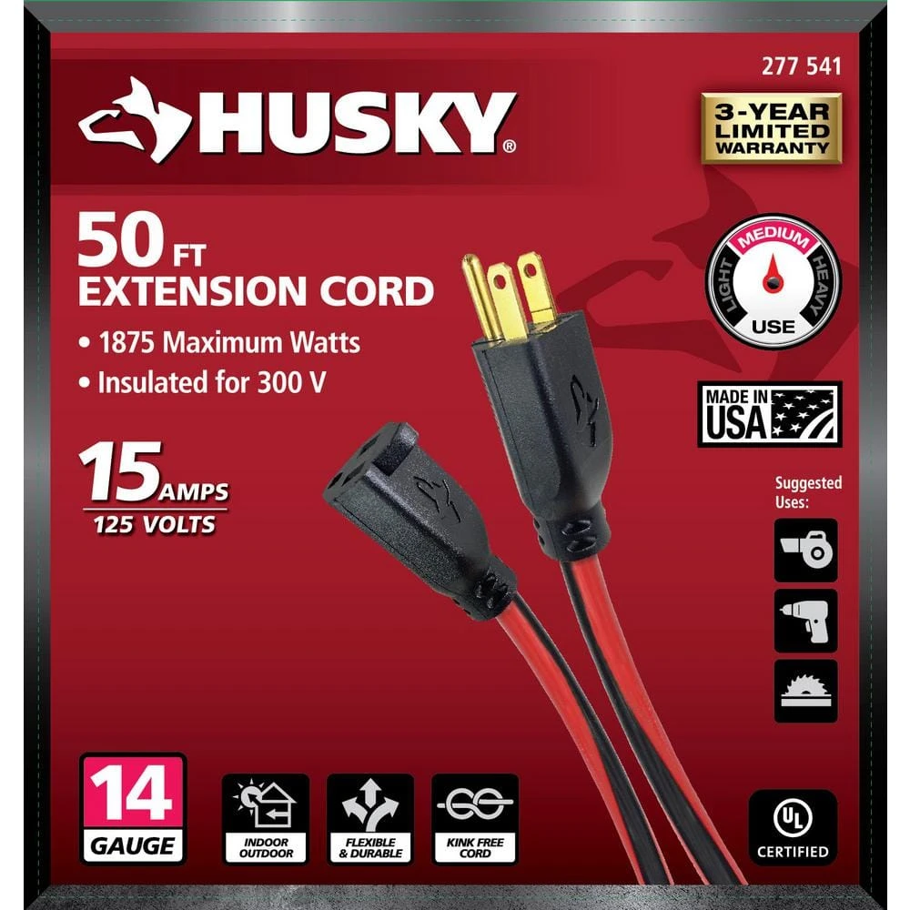 Husky 50 Ft. 14/3 Medium Duty Indoor/Outdoor Extension Cord, Red/Black 2 Husky 50 Ft. 14/3 Medium Duty Indoor/Outdoor Extension Cord, Red/Black - Image 2