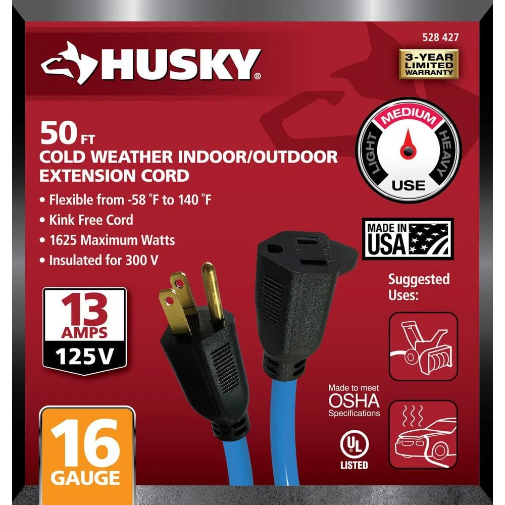 Husky 50 Ft. 16/3 Medium Duty Cold Weather Indoor/Outdoor Extension Cord, Blue 2 Husky 50 Ft. 16/3 Medium Duty Cold Weather Indoor/Outdoor Extension Cord, Blue - Image 2