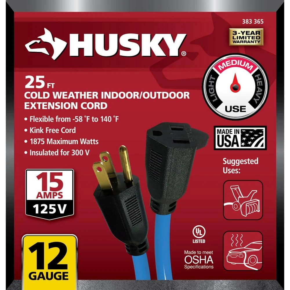 Husky 25 Ft. 12/3 Medium Duty Cold Weather Indoor/Outdoor Extension Cord, Blue 2 Husky 25 Ft. 12/3 Medium Duty Cold Weather Indoor/Outdoor Extension Cord, Blue - Image 2