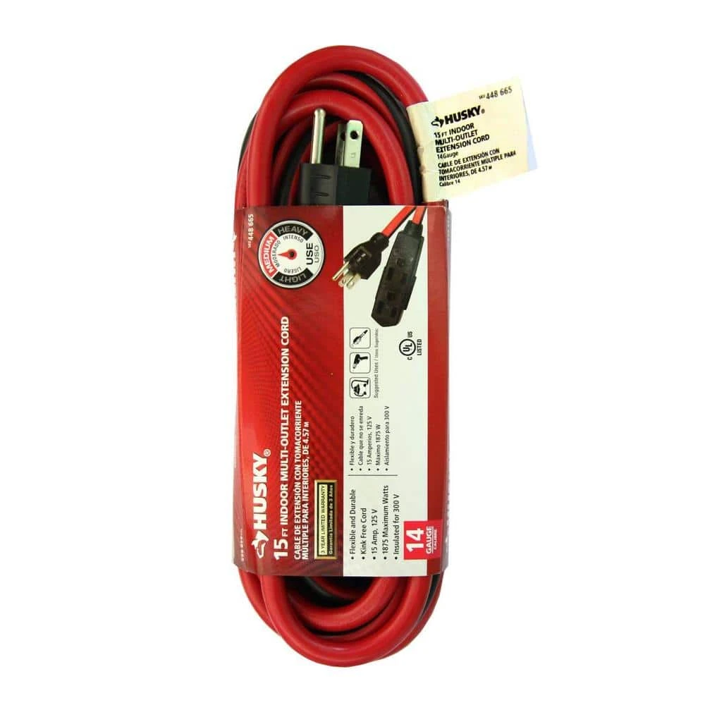 Husky 15 Ft. 14/3 Medium Duty Indoor Multi-Outlet Extension Cord, Red/Black 1 Husky 15 Ft. 14/3 Medium Duty Indoor Multi-Outlet Extension Cord, Red/Black