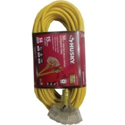 Husky 50 Ft. 14/3 Medium Duty Indoor/Outdoor Extension Cord With Multiple Outlet Triple Tap Lighted End, Yellow -Husky Shop husky general purpose cords sjtw143050tripl 1f 1000