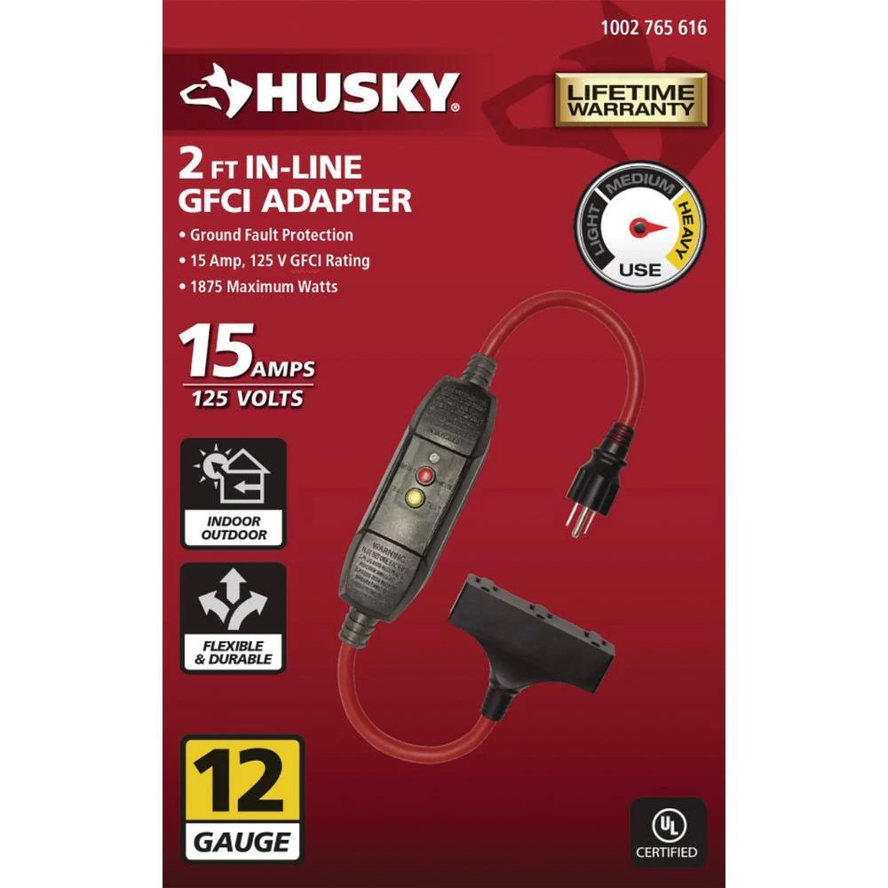 Husky 2 Ft. 12/3 15 Amp In-Line GFCI With Power Block, Red 2 Husky 2 Ft. 12/3 15 Amp In-Line GFCI With Power Block, Red - Image 2