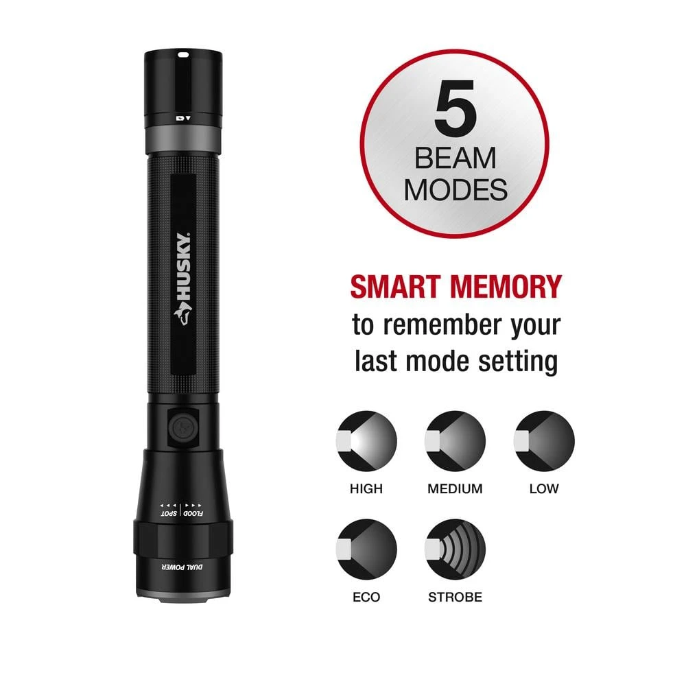 Husky 5000 Lumens Dual Power LED Rechargeable Focusing Flashlight With Rechargeable Battery And USB-C Cable Included 5 Husky 5000 Lumens Dual Power LED Rechargeable Focusing Flashlight With Rechargeable Battery And USB-C Cable Included - Image 5