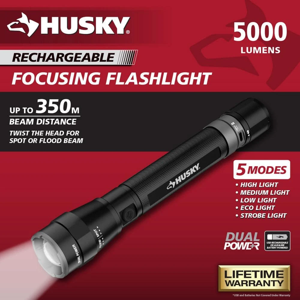 Husky 5000 Lumens Dual Power LED Rechargeable Focusing Flashlight With Rechargeable Battery And USB-C Cable Included 2 Husky 5000 Lumens Dual Power LED Rechargeable Focusing Flashlight With Rechargeable Battery And USB-C Cable Included - Image 2