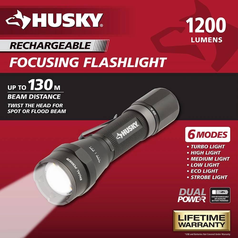 Husky 1200 Lumens Dual Power LED Rechargeable Focusing Flashlight 2 Husky 1200 Lumens Dual Power LED Rechargeable Focusing Flashlight - Image 2