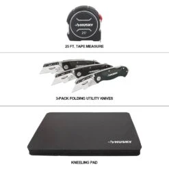 Husky Layout Set - 25 Ft. Tape Measure, 3-Pack Folding Utility Knife Set(Lock-Back/Textured Grip) And Kneeling Pad -Husky Shop husky home tool kits 90971 c3 1000