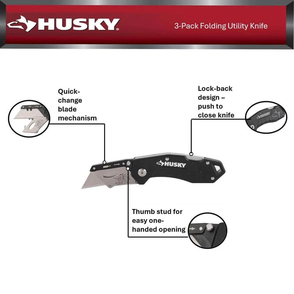 HUSKY 3-PACK FOLDING LOCK-BACK Utility Knife 2 HUSKY 3-PACK FOLDING LOCK-BACK Utility Knife - Image 2