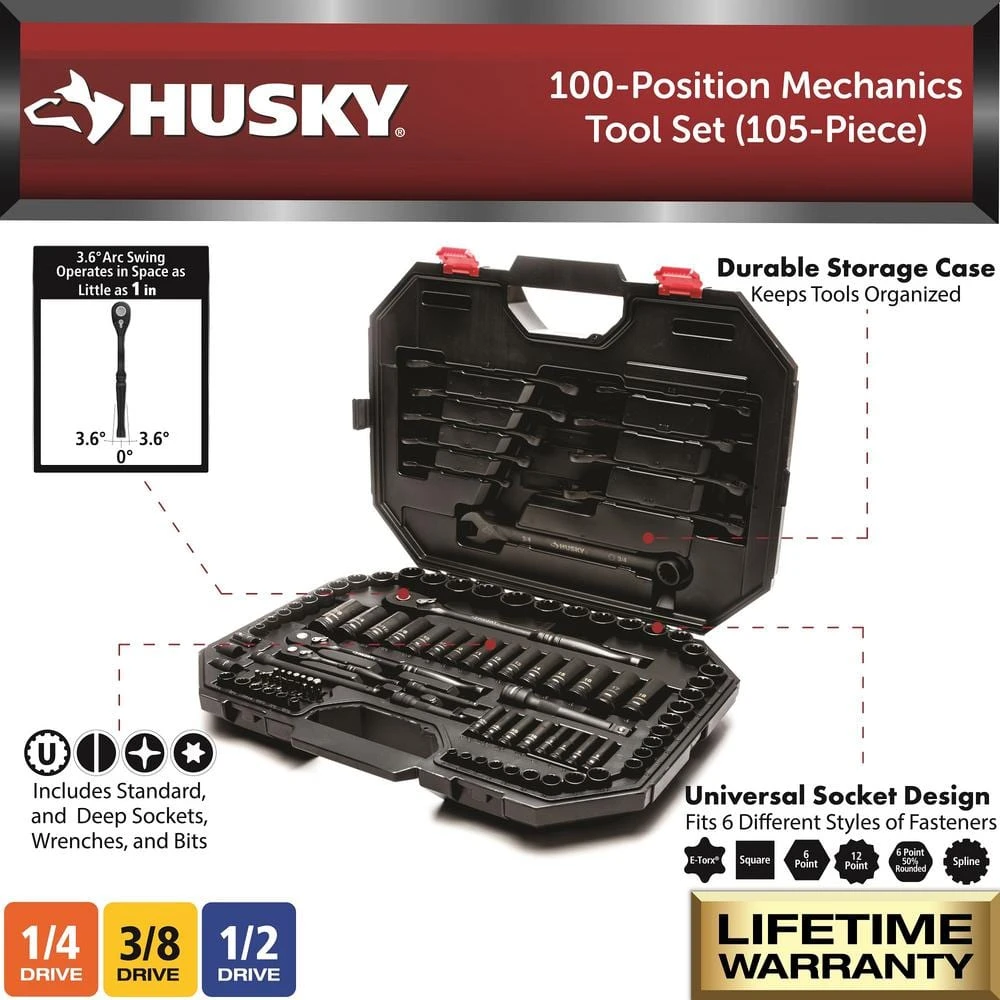 Husky 1/4 In., 3/8 In. And 1/2 In. Drive 100-Position Universal SAE And Metric Mechanics Tool Set (105-Piece) 3 Husky 1/4 In., 3/8 In. And 1/2 In. Drive 100-Position Universal SAE And Metric Mechanics Tool Set (105-Piece) - Image 3