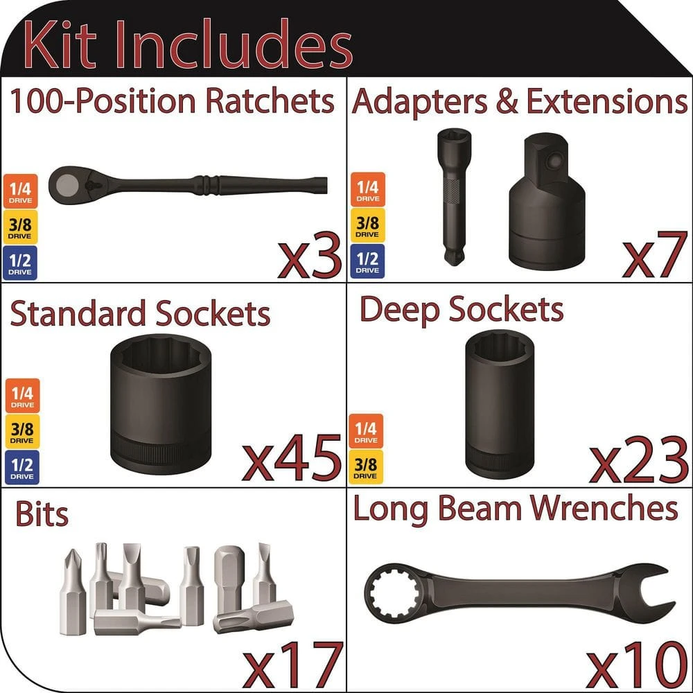 Husky 1/4 In., 3/8 In. And 1/2 In. Drive 100-Position Universal SAE And Metric Mechanics Tool Set (105-Piece) 2 Husky 1/4 In., 3/8 In. And 1/2 In. Drive 100-Position Universal SAE And Metric Mechanics Tool Set (105-Piece) - Image 2