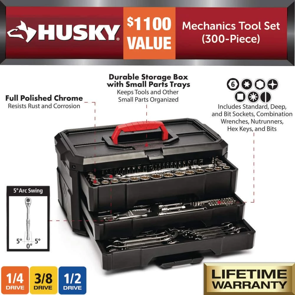 Husky 1/4 In., 3/8 In. And 1/2 In. Drive Mechanics Tool Set (300-Piece) 3 Husky 1/4 In., 3/8 In. And 1/2 In. Drive Mechanics Tool Set (300-Piece) - Image 3